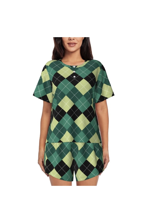 Green Squares Pattern Women's Short-Sleeved Pajama Set - 2 Piece Soft and Lightweight Sleepwear Set-Large