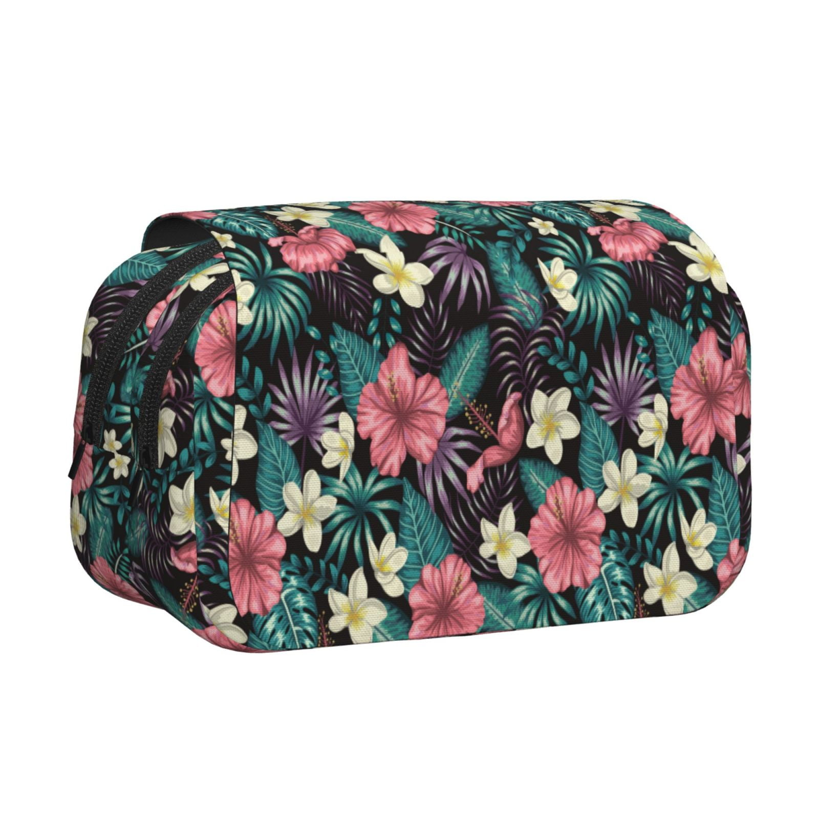 Rateoe Green Tropical Leaves Pattern Double Clamshell Pen Case, Storage Organizer with Two Zipper Compartments– Holds Up to 50 Pencils & Pens
