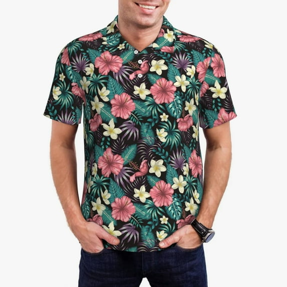 Rateoe Green Tropical Leaves Pattern Men's Short Sleeve Polo Shirts, Golf Polo Shirts Short Sleeve Performance Moisture Wicking Dry-X-Large