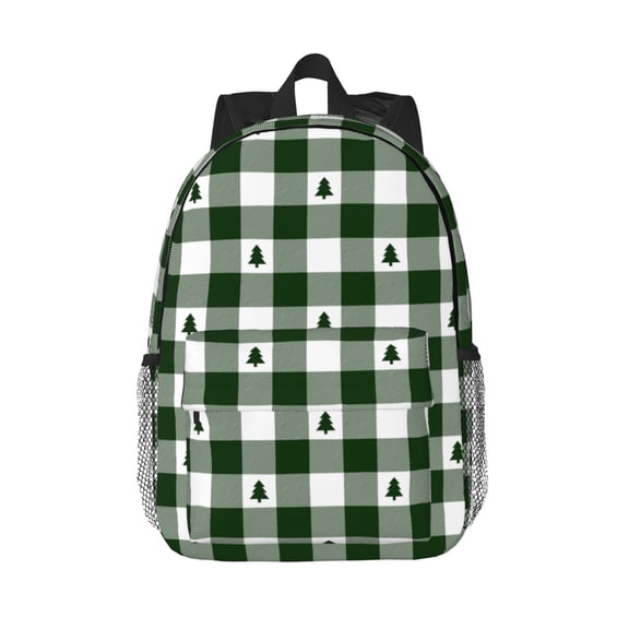Rateoe Green White Christmas Tree Lumberjack Plaid Pattern Student Backpack Water-resistant Backpack 15-inch Laptop Backpack Lightweight Adjustable School Backpack