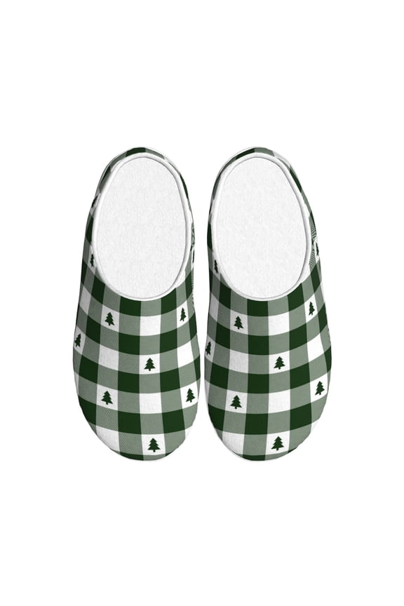 Green White Christmas Tree Lumberjack Plaid Print Women's Men's Cotton Knit Slippers Lightweight Memory Foam Indoor House Shoes with Anti-Skid Sole-39/40