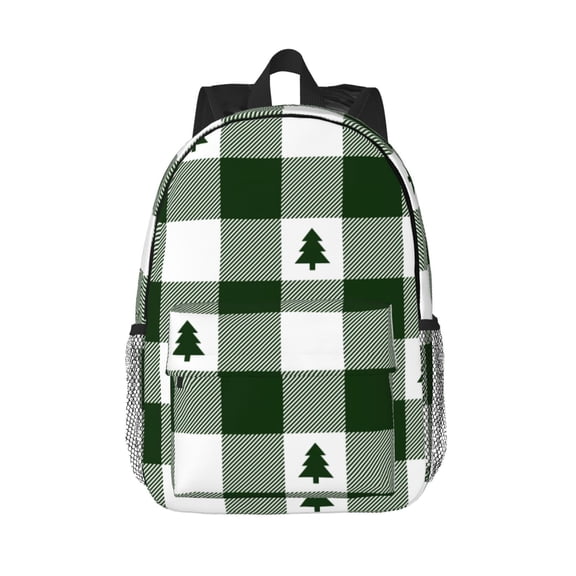 Rateoe Green White Lumberjack Plaid Pattern Student Backpack Water-resistant Backpack 15-inch Laptop Backpack Lightweight Adjustable School Backpack