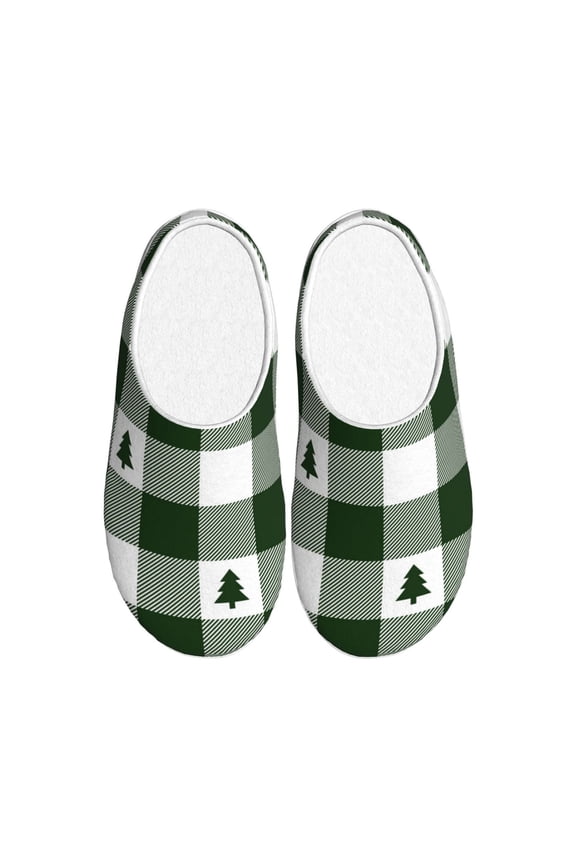 Green White Lumberjack Plaid Print Women's Men's Cotton Knit Slippers Lightweight Memory Foam Indoor House Shoes with Anti-Skid Sole-37/38