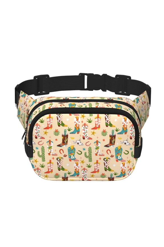 Groovy American Western Footwear Print Fanny Pack Belt Bag for Women and Men, Square Double-Layer Waterproof Waist Pack with Adjustable Strap for Hiking, Jogging, Cycling