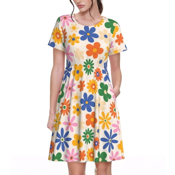 Rateoe Groovy Daisy Flowers Pattern Women’s Short Sleeve Dress – Casual Elegant Summer A-Line Dress for Everyday Wear