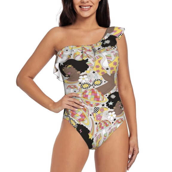 Rateoe Groovy Disco Pattern Women One Piece Swimsuits Tummy Control One Shoulder Bathing Suits Ruffle Swimwear-X-Large