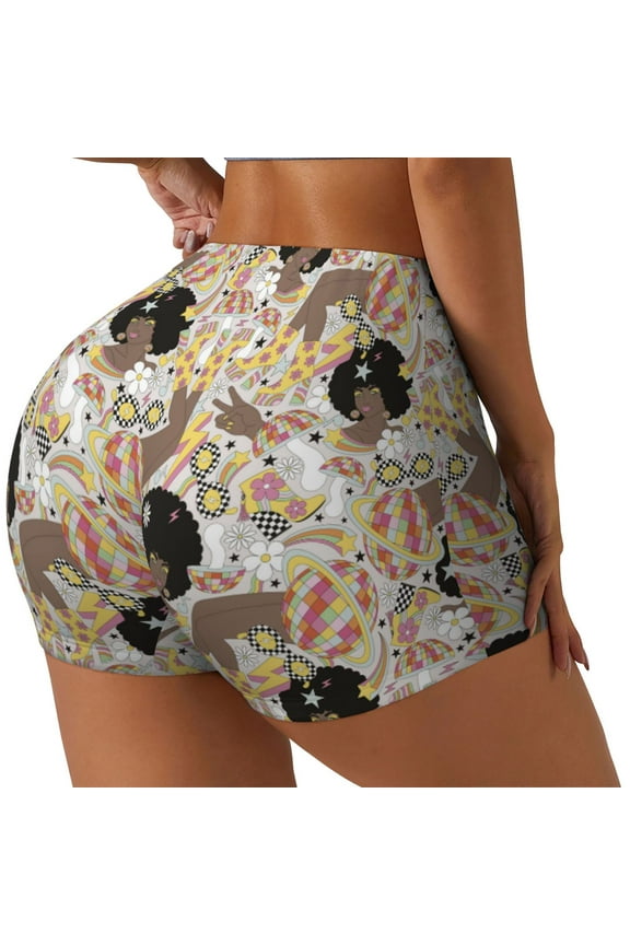 Groovy Disco Printed Power Workout Shorts for Women Tummy Control Squat Proof Ribbed Thick Seamless Scrunch Active Short-XX-Large