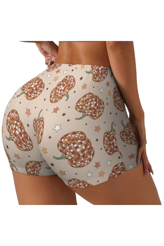 Groovy Disco Pumpkin Printed Power Workout Shorts for Women Tummy Control Squat Proof Ribbed Thick Seamless Scrunch Active Short-Small