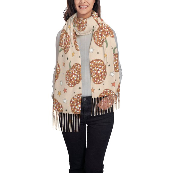 Rateoe Groovy Disco Pumpkin Women's Traditional Scarf Wrap Tassel Shawl Fringes Neck Head Shawl Retro Scarf
