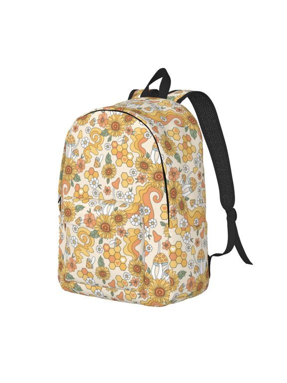 Groovy Hippie Flower Mushrooms Pattern Durable Canvas Backpack for Men & Women – Stylish & Lightweight – Adjustable Straps, Multiple Pockets – Fits 15-17 Inch LaptopsSmall