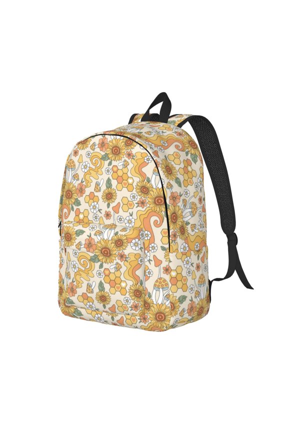 Groovy Hippie Flower Mushrooms Pattern Durable Canvas Backpack for Men & Women – Stylish & Lightweight – Adjustable Straps, Multiple Pockets – Fits 15-17 Inch LaptopsSmall