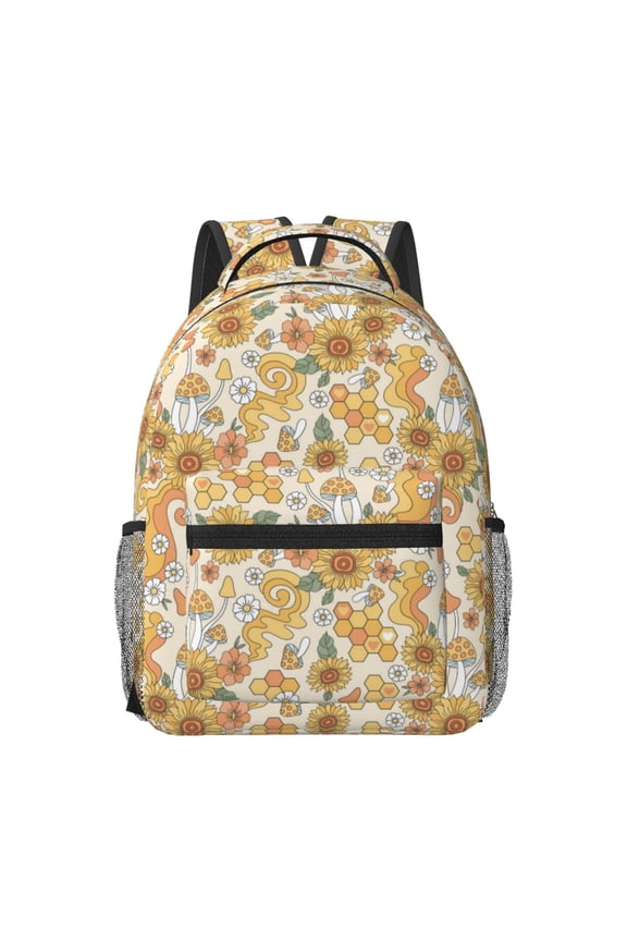 Groovy Hippie Flower Mushrooms Pattern Durable Student Backpack Laptop Bag- Ergonomic Design, Waterproof Twill Fabric - Ideal for School, Travel, and Outdoor Activities