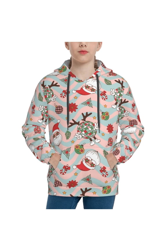 Groovy Retro Santa Pattern Boys Hoodie, Youth Pullover Hooded Sweatshirt, Kangaroo Pocket Hoodie for Kids-Large