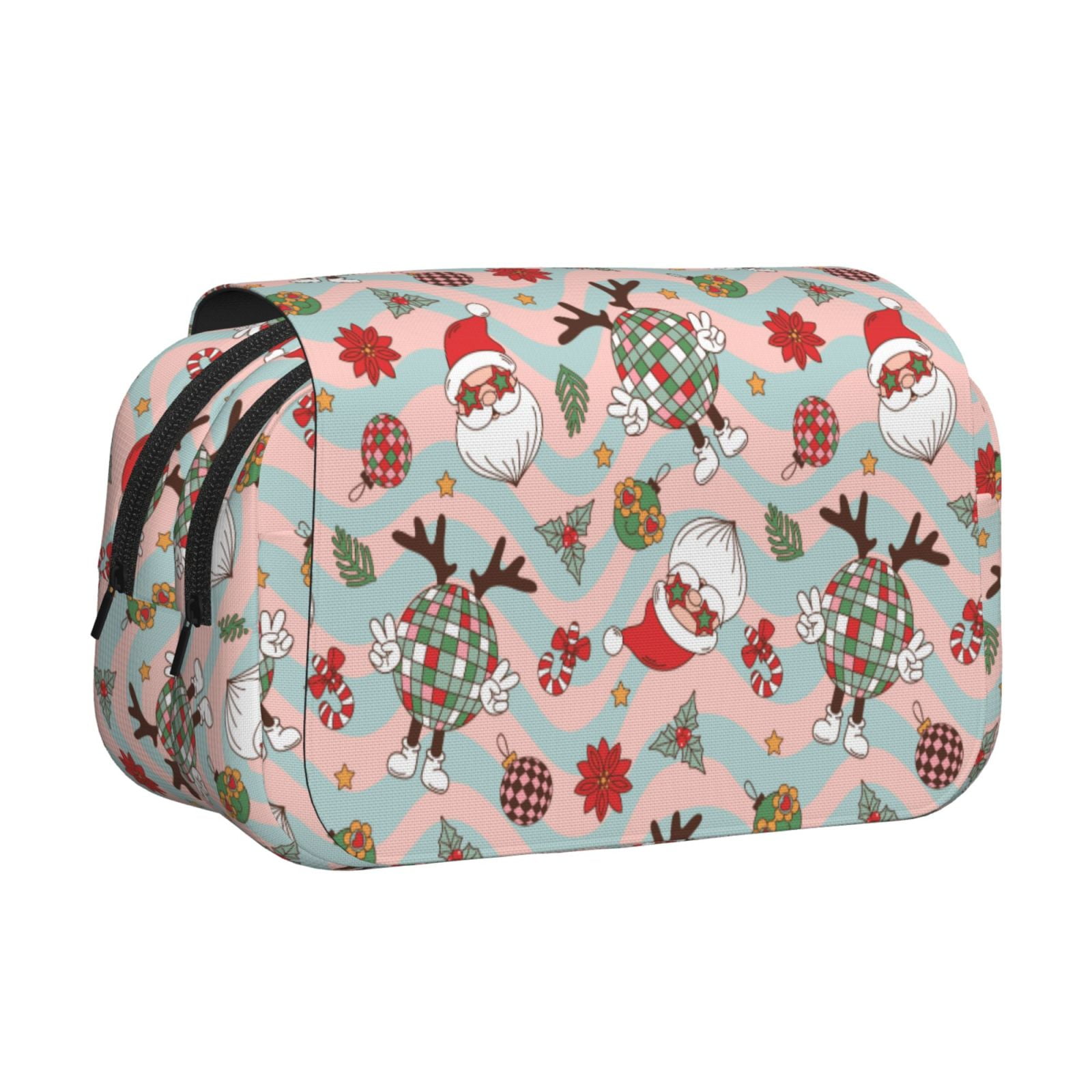 Rateoe Groovy Retro Santa Pattern Double Clamshell Pen Case, Storage Organizer with Two Zipper Compartments– Holds Up to 50 Pencils & Pens