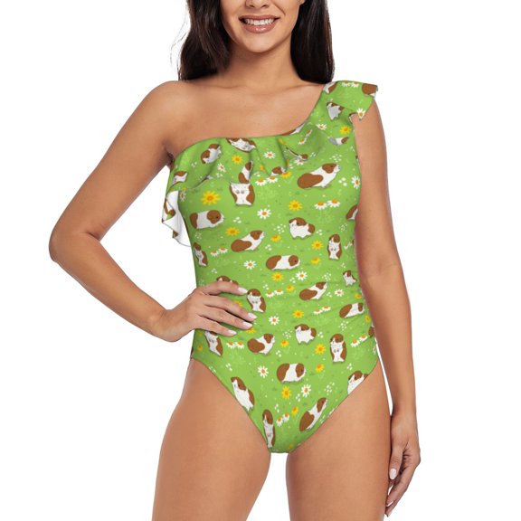 Rateoe Guinea Pigs Pattern Women One Piece Swimsuits Tummy Control One Shoulder Bathing Suits Ruffle Swimwear-Large