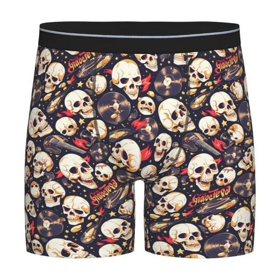Rateoe Guitar Skull record Print Men’s Underwear Boxer Briefs Soft Comfortable Underwear Boxer Briefs, Long Leg Briefs,Anti-chafing Boxer Briefs