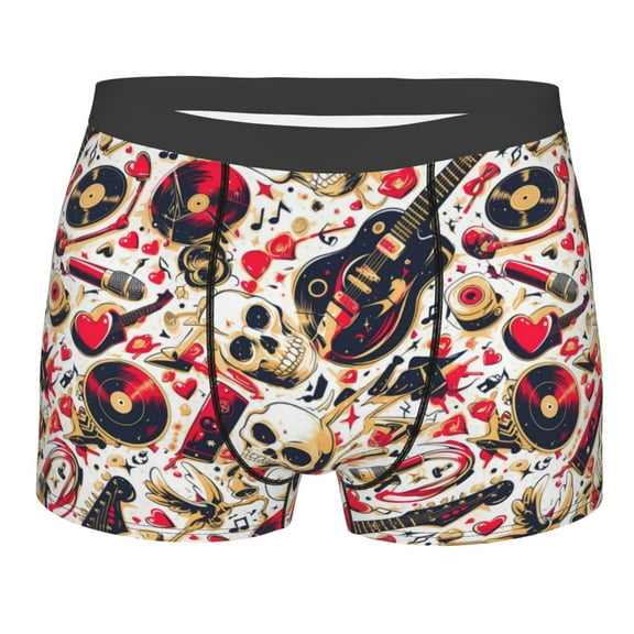 Rateoe Guitar Skull rock Mens Boxer Briefs Poly Spandex Performance Boxer Briefs Underwear Hem Boxer Briefs - Large