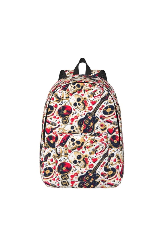 Guitar Skull rock Pattern Canvas College Laptop Backpack,Travel Daypack,Durable Rucksack Travel Notebook Bag School Backpack Book Bag for Men Women-Small
