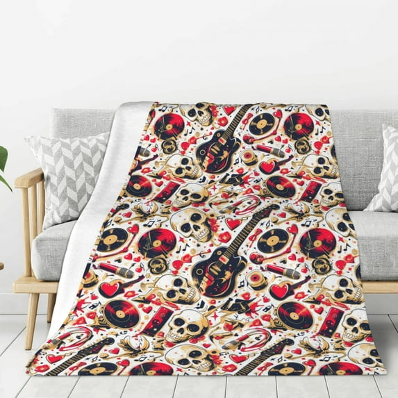 Rateoe Guitar Skull rock Pattern Flannel Throw Blanket, Ultra-soft Blanket for Bed, Couch, Car, Hypoallergenic Anti-pilling blanket-80"x60"(Vertical)