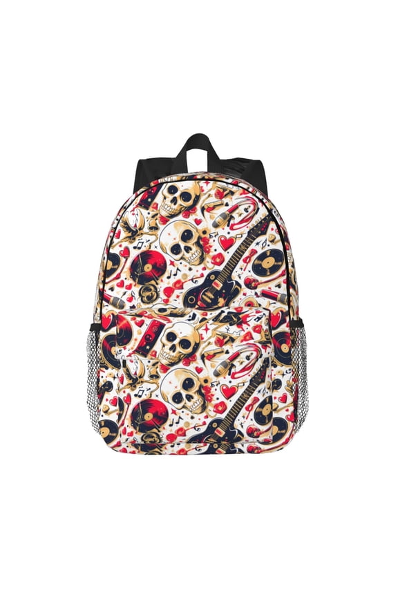 Guitar Skull rock Pattern Student Backpack Water-resistant Backpack 15-inch Laptop Backpack Lightweight Adjustable School Backpack