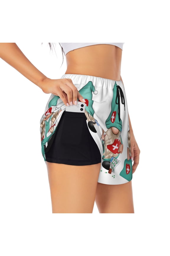 Guomei doctor Printed 2 in 1 Women's Workout Shorts for Athletic Gym Running Shorts with Phone Pockets-