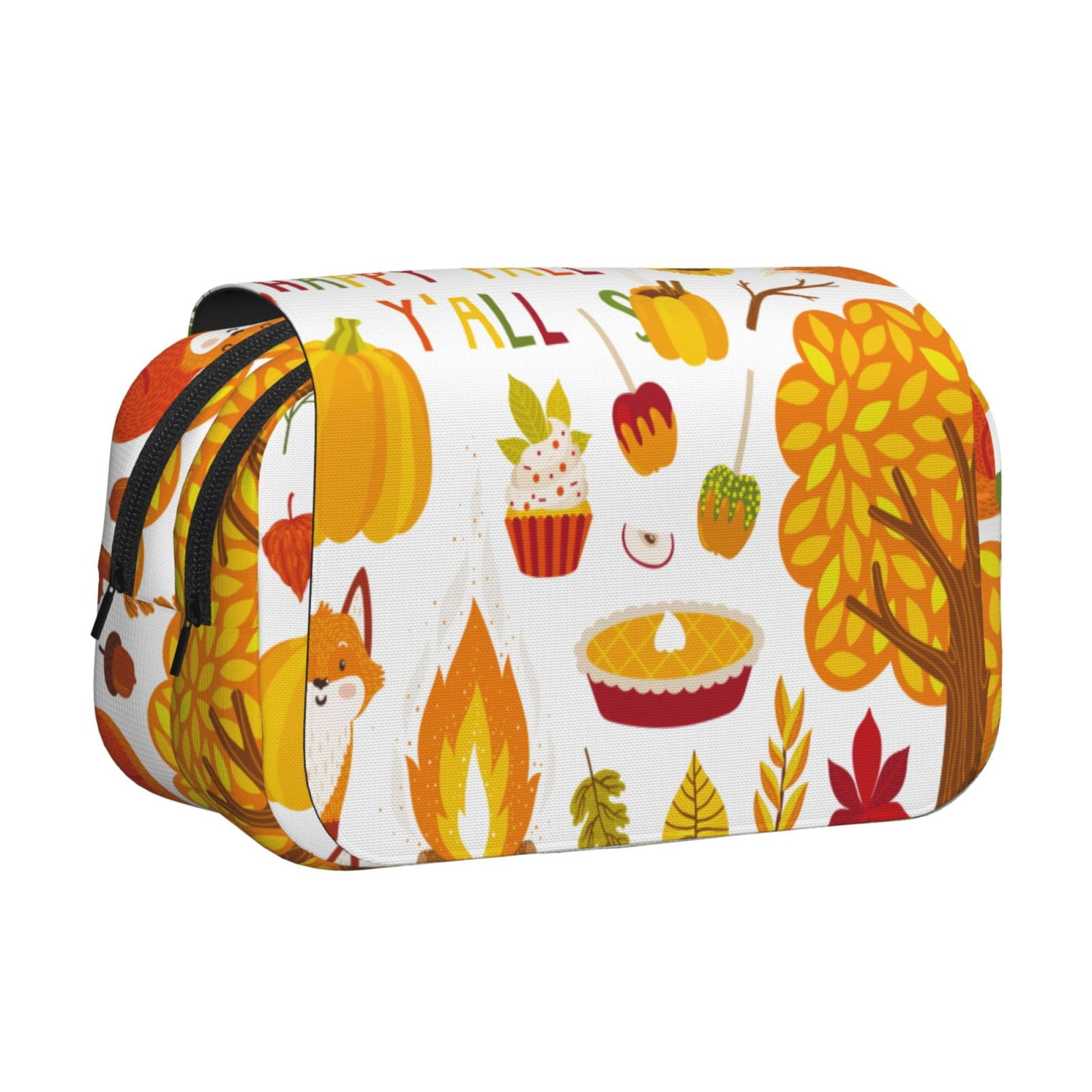 Rateoe HAPPY FALL Y'ALL Pattern Double Clamshell Pen Case, Storage Organizer with Two Zipper Compartments– Holds Up to 50 Pencils & Pens