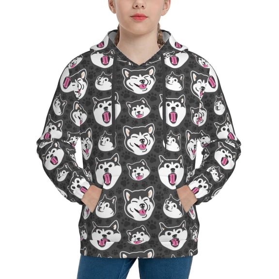 Rateoe HUSKY Face Pattern Boys Hoodie, Youth Pullover Hooded Sweatshirt, Kangaroo Pocket Hoodie for Kids-Small