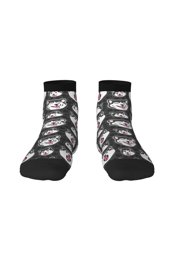 HUSKY Face Pattern Quarter Crew Socks,Toe Seamed Ankle Socks,Cotton Cushioned Breathable Athletic Crew Sports Socks