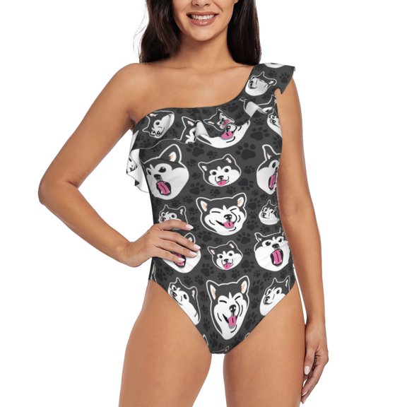 Rateoe HUSKY Face Pattern Women One Piece Swimsuits Tummy Control One Shoulder Bathing Suits Ruffle Swimwear-