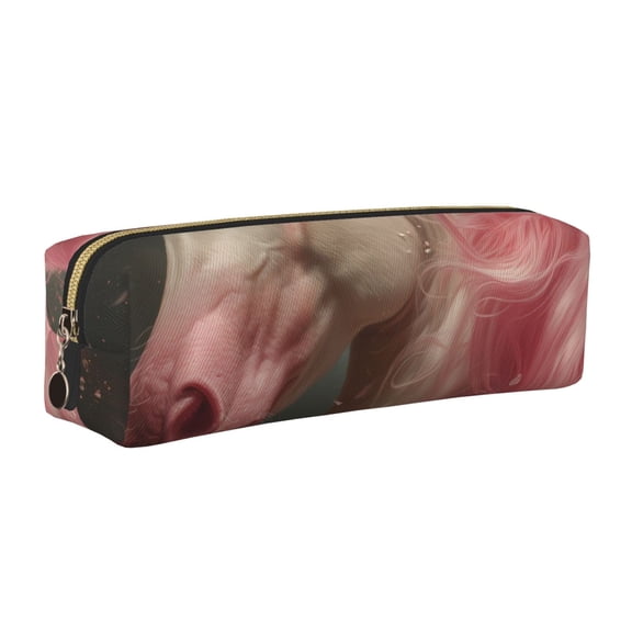 Rateoe Haired White Horse Print Leather Pencil Case with Smooth Zipper, Compact Storage for Writing Tools & Art Supplies, 8.26" x 1.96" x 2.16"