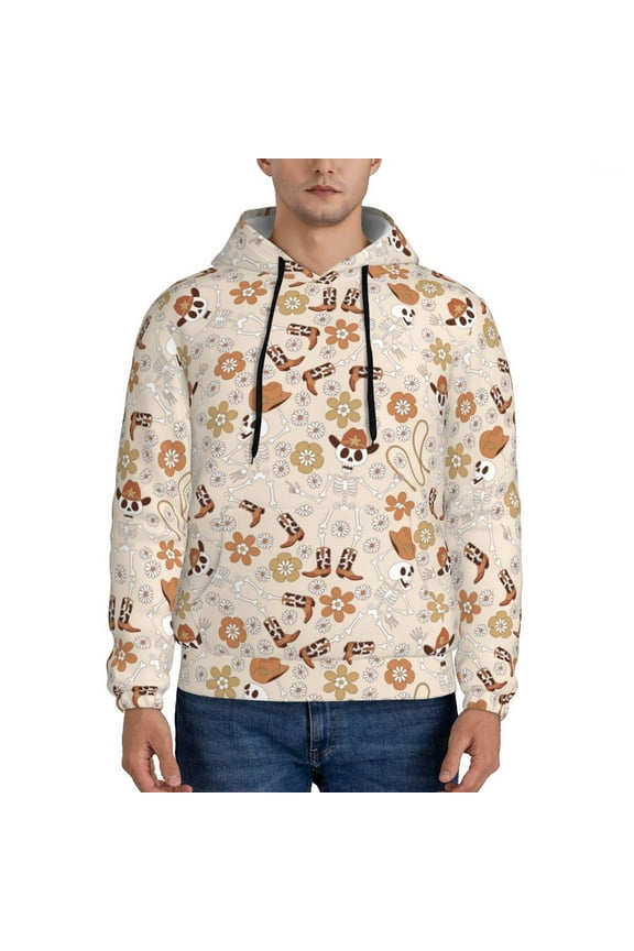 Halloween Dancing Cowboy Skeleton Pattern Mens Hoodie, Pullover Hooded Sweatshirt, Kangaroo Pocket Hoodie Ideal for Daily Wear, Travel and Home-3X-Large
