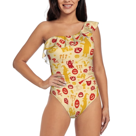 Rateoe Halloween Elements Pattern Women One Piece Swimsuits Tummy Control One Shoulder Bathing Suits Ruffle Swimwear-