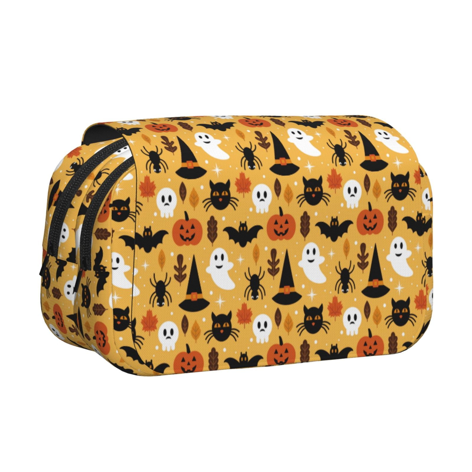 Rateoe Halloween Ghost Pumpkin Pattern Double Clamshell Pen Case, Storage Organizer with Two Zipper Compartments– Holds Up to 50 Pencils & Pens