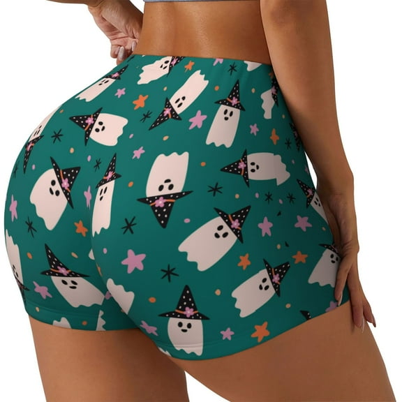 Rateoe Halloween Ghosts Printed Power Workout Shorts for Women Tummy Control Squat Proof Ribbed Thick Seamless Scrunch Active Short-Medium