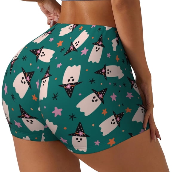Rateoe Halloween Ghosts Printed Power Workout Shorts for Women Tummy Control Squat Proof Ribbed Thick Seamless Scrunch Active Short-X-Large