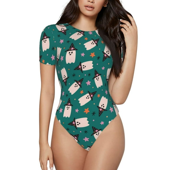Rateoe Halloween Ghosts Printed Women Rash Guard Short Sleeve,Tummy control Swimsuit Surfing Swimsuit Bathing Suit Short-sleeved Onesie UPF 50+ -Small
