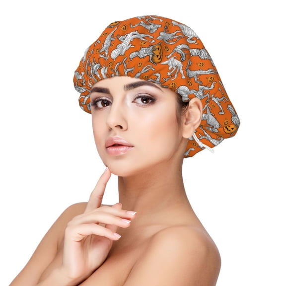 Rateoe Halloween Mummy Pattern Silk Satin Hair Bonnet for Sleeping, Adjustable Sleep Cap Turban for Women , Curly Straight Hair Long Large Braid