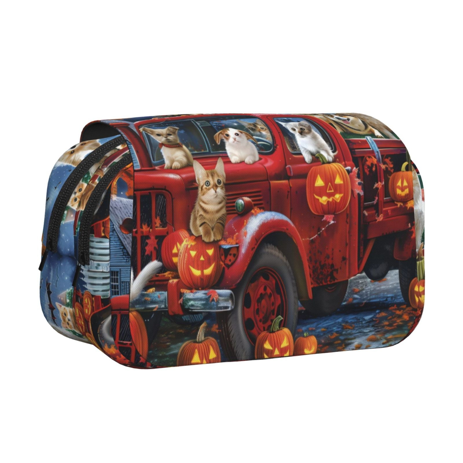 Rateoe Halloween Pets Pumpkins Pattern Double Clamshell Pen Case, Storage Organizer with Two Zipper Compartments– Holds Up to 50 Pencils & Pens