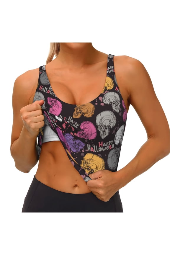 Halloween Skeleton Print Womens' Sports Bras Scoop Neck Sports Vest- Padded U Back Seamless High Impact Support