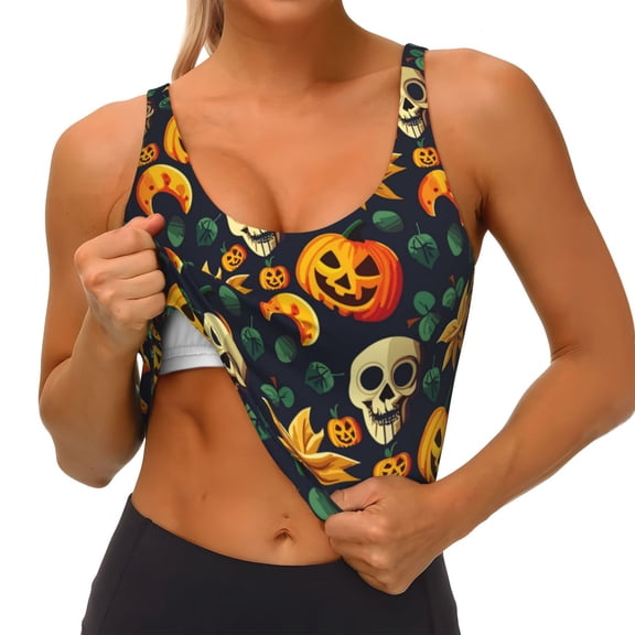 Rateoe Halloween Skull Print Womens' Sports Bras Scoop Neck Sports Vest- Padded U Back Seamless High Impact Support