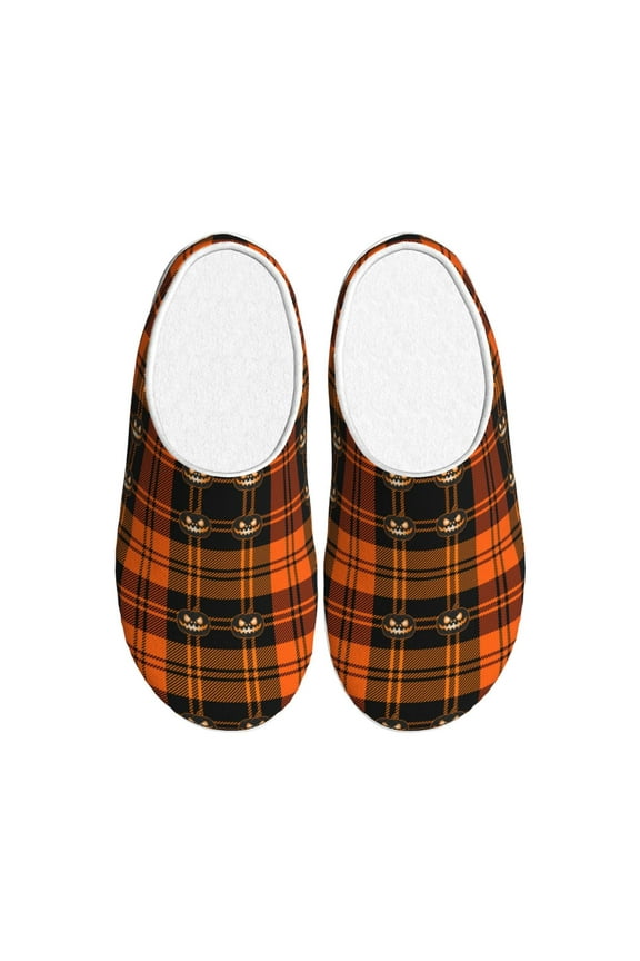 Halloween Tartan Plaid Print Women's Men's Cotton Knit Slippers Lightweight Memory Foam Indoor House Shoes with Anti-Skid Sole-46/47