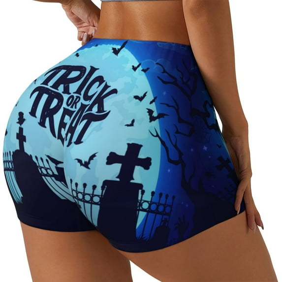 Rateoe Halloween Trick Or Treat Printed Power Workout Shorts for Women Tummy Control Squat Proof Ribbed Thick Seamless Scrunch Active Short-Large