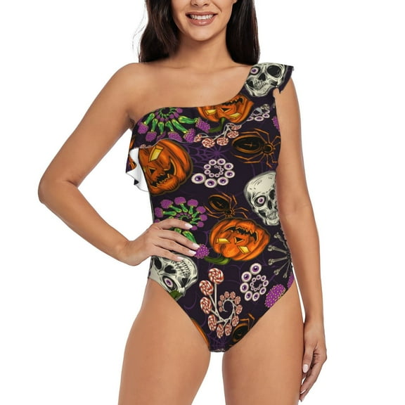 Rateoe Halloween With Skull Pattern Women One Piece Swimsuits Tummy Control One Shoulder Bathing Suits Ruffle Swimwear-Medium