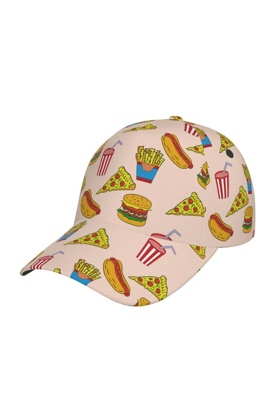 Hamburger Pizza Coke Pattern Mens Baseball Cap  Adjustable Curved Brim Hat, Soft Cotton Sports Cap for Outdoor, Casual, and Everyday Wear, Comfortable & Breathable