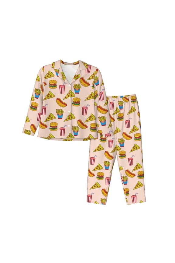 Hamburger Pizza Coke Pattern Womens Pajamas Set Long Sleeve Sleepwear Button Down Nightwear Soft Cotton Pj Lounge Sets