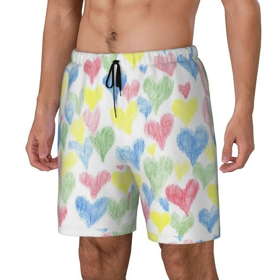 Rateoe Hand Drawn Colored Hearts Pattern Men’s Swim Shorts with Compression Liner – Double-Layered Quick-Dry Swimwear, Comfortable & Stretchy Beach Shorts-Small