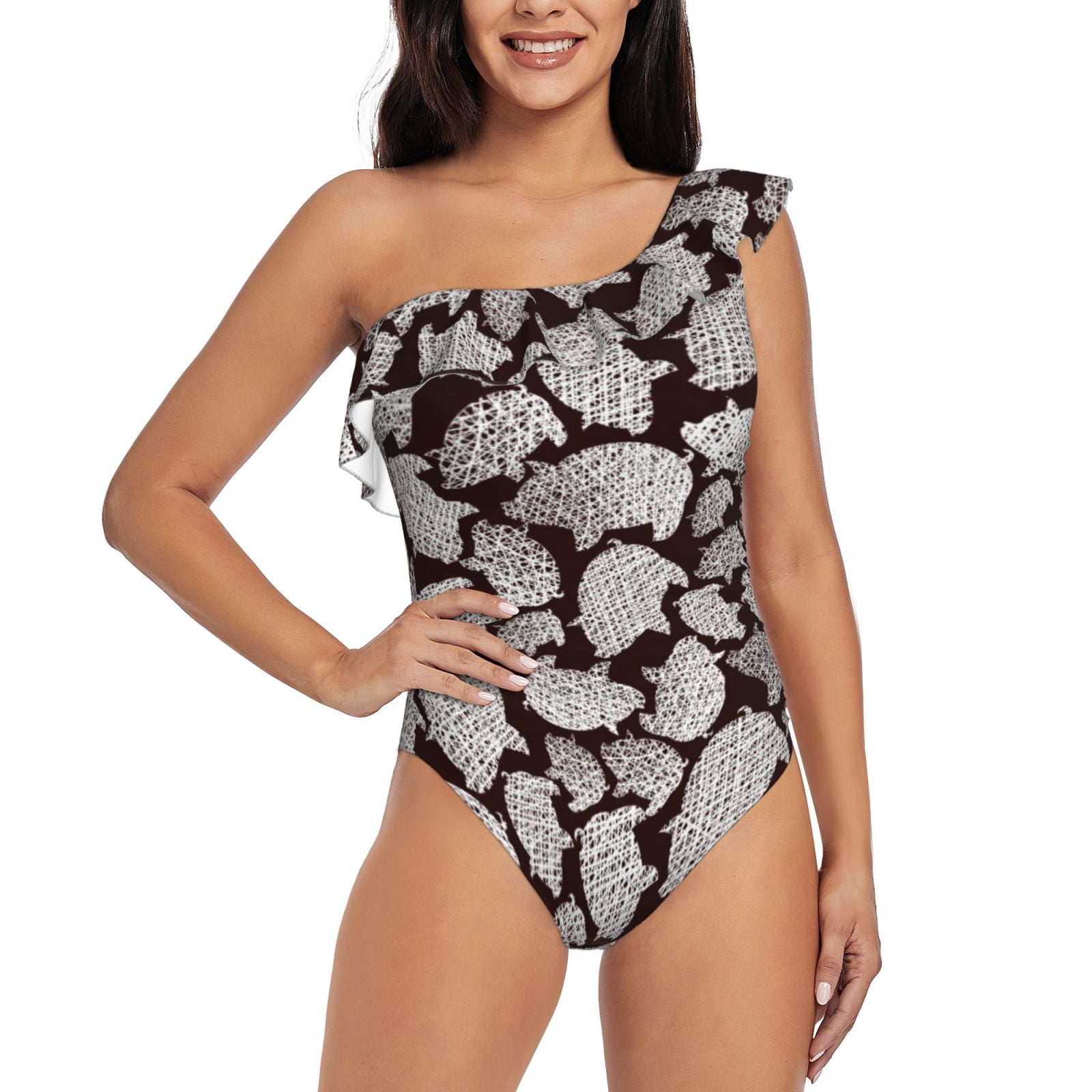 Rateoe Hand Drawn Pig Pattern Women One Piece Swimsuits Tummy Control One Shoulder Bathing Suits Ruffle Swimwear-Large