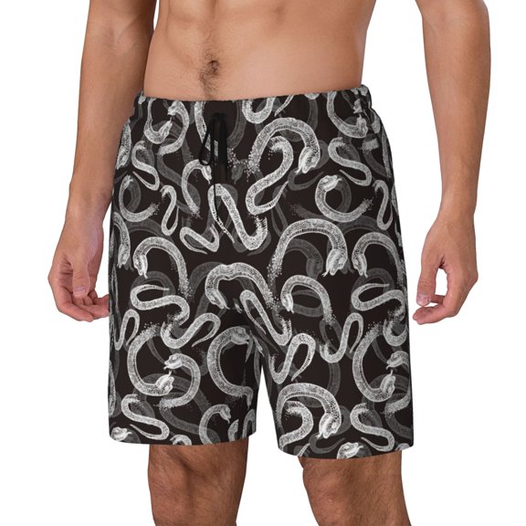 Rateoe Hand Drawn Snake Pattern Men’s Swim Shorts with Compression Liner – Double-Layered Quick-Dry Swimwear, Comfortable & Stretchy Beach Shorts-Small