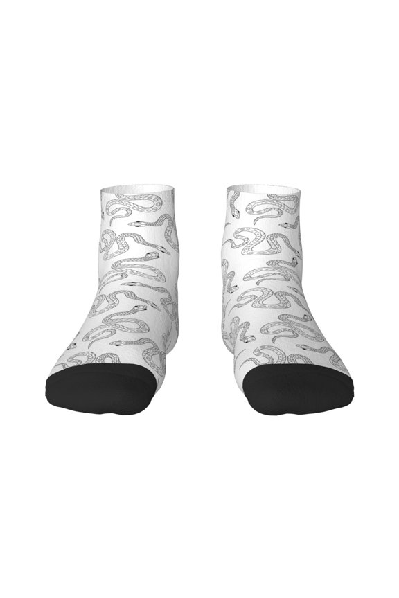 Hand Drawn Snake Pattern Quarter Crew Socks,Toe Seamed Ankle Socks,Cotton Cushioned Breathable Athletic Crew Sports Socks