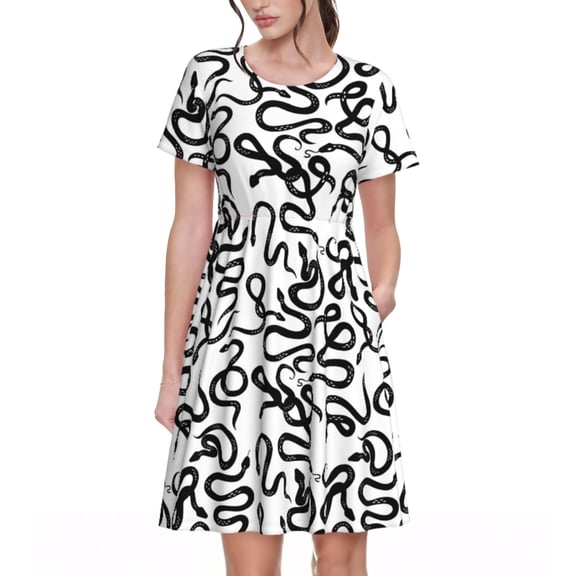 Rateoe Hand Drawn Snake Pattern Women’s Short Sleeve Dress – Casual Elegant Summer A-Line Dress for Everyday Wear